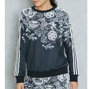Adidas Originals Florido Sketched Floral Black White Sweatshirt Stripe Sleeve XS
